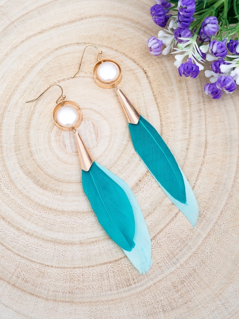 

Golden Peacock Gold-Plated & Green Feather Shaped Drop Earrings
