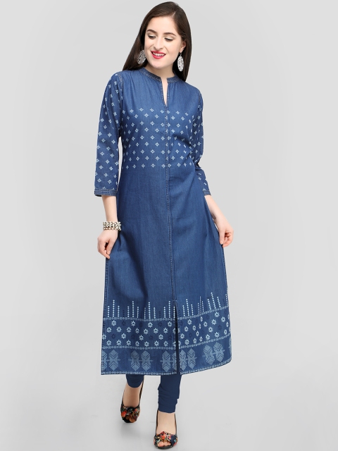 

RAISIN Women Navy Blue & White Printed Denim Straight Kurta