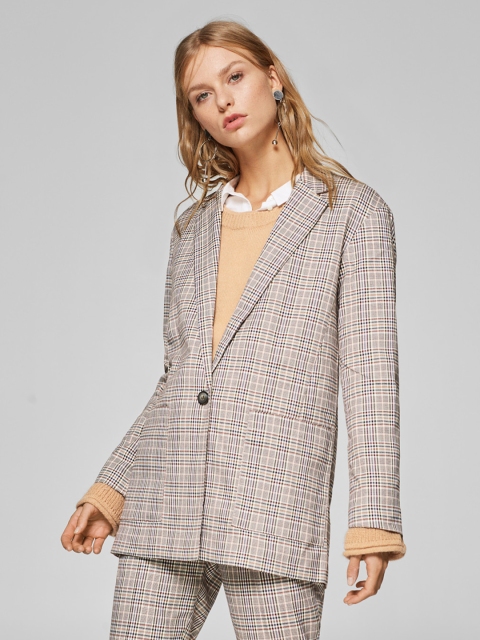 

MANGO Women Beige & Black Checked Single-Breasted Casual Blazer