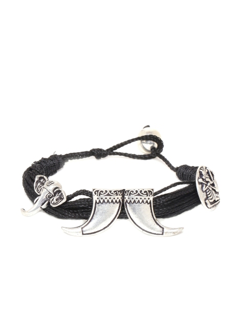

Dare by Voylla Men Silver-Toned & Black Fabric Rhodium-Plated Antique Charm Bracelet