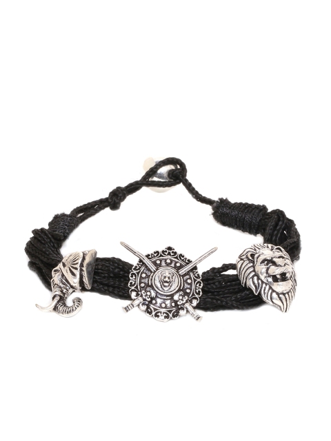 

Dare by Voylla Men Silver-Toned & Black Fabric Rhodium-Plated Antique Charm Bracelet