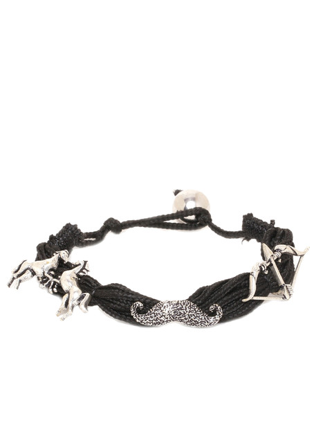 

Dare by Voylla Men Silver-Toned & Black Fabric Rhodium-Plated Antique Charm Bracelet