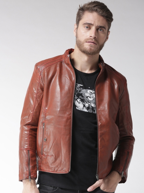 

Fort Collins Men Rust Brown Solid Biker Jacket