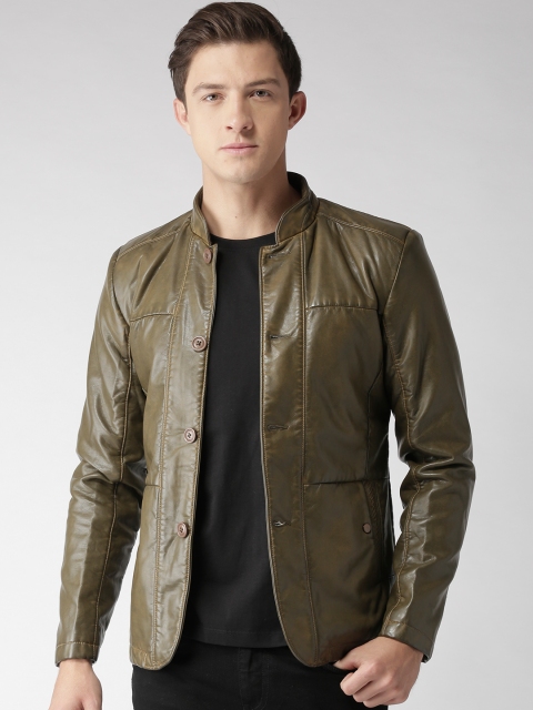 

Fort Collins Men Olive Green Solid Biker Jacket