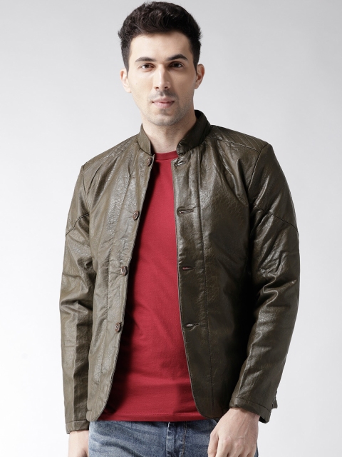 

Fort Collins Men Olive Green Solid Biker Jacket