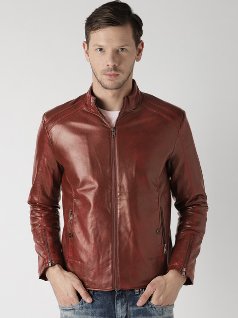 

Fort Collins Men Maroon Solid Biker Jacket