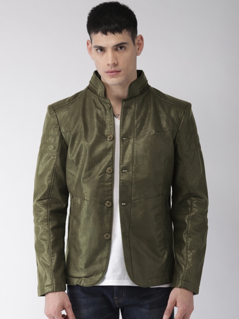 

Fort Collins Men Olive Green Solid Biker Jacket