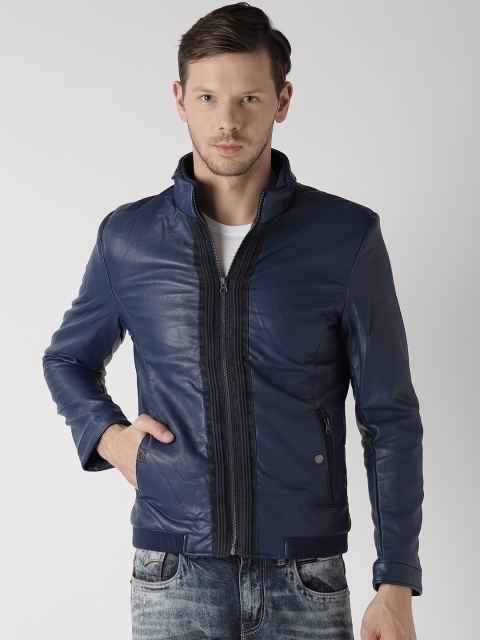 

Fort Collins Men Navy Blue Solid Biker Jacket