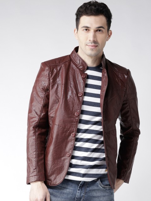 

Fort Collins Men Burgundy Solid Faux Leather Biker Jacket