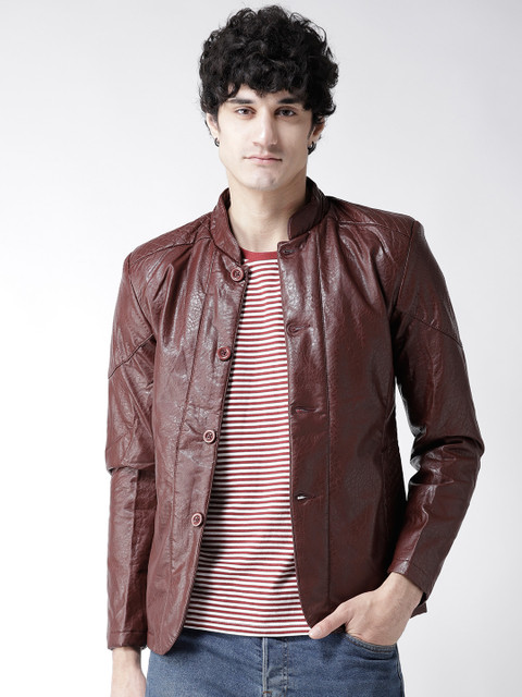 

Fort Collins Men Burgundy Solid Faux Leather Biker Jacket