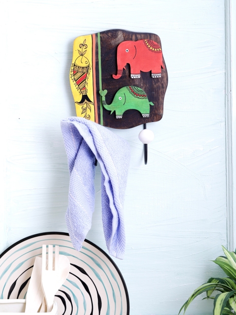 

VarEesha Brown Mango Wood Multicolored Elephants Wall Mounting Hook, Multi