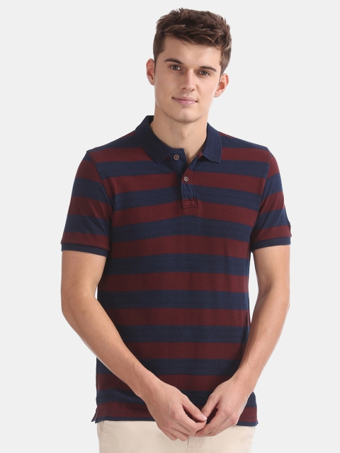 

Arrow Sport Men Navy Blue Maroon Striped Polo Collar Pure Cotton T-shirt