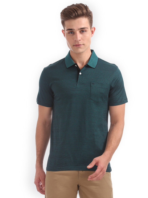 

Arrow Men Teal Striped Polo Collar T-shirt