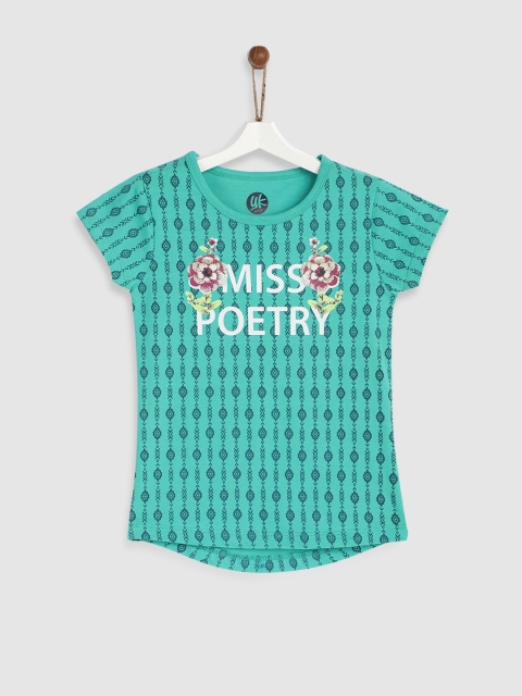 

YK Girls Green Printed Round Neck Top