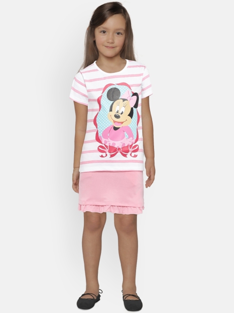 

YK Disney Girls White & Pink Printed T-shirt with Skirt