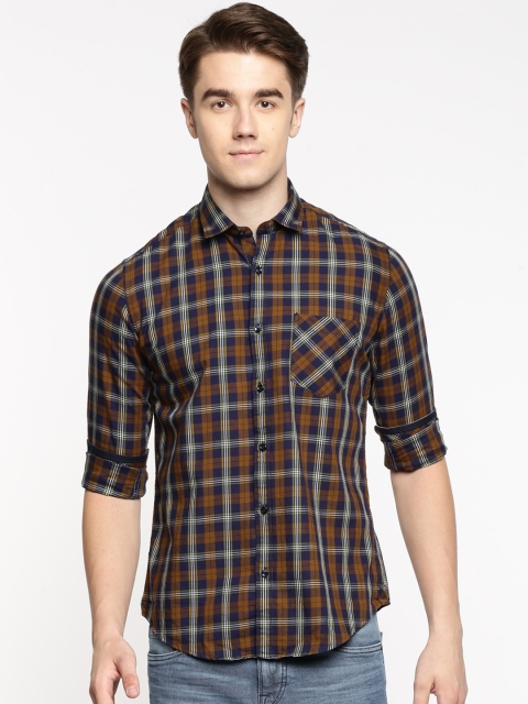 

Killer Men Navy & Brown Slim Fit Checked Casual Shirt, Navy blue