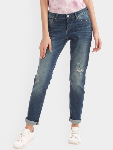 

Aeropostale Women Blue Boyfriend Fit Mid-Rise Low Distress Jeans