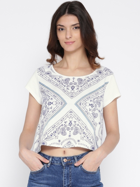 

Flying Machine Women White & Blue Printed Cropped T-shirt