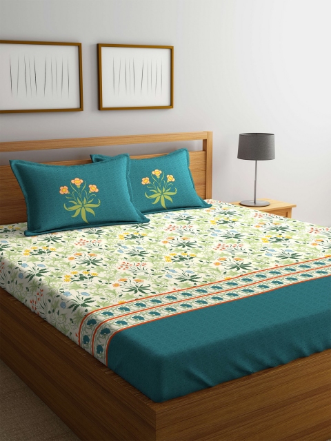 

Portico New York Teal Green Ethnic Motifs 144 TC King Bedsheet with 2 Pillow Covers