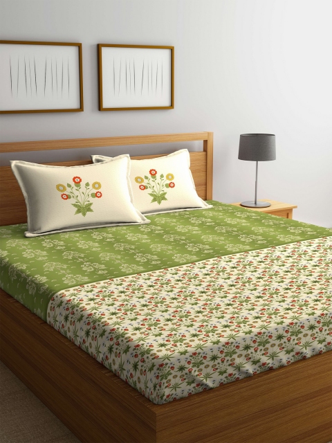 

Portico New York Green & Cream-Coloured Ethnic Motifs Flat 144 TC Cotton 1 King Bedsheet with 2 Pillow Covers