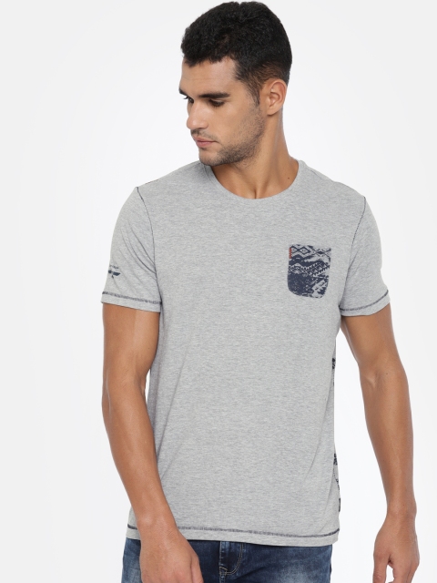 

SPYKAR Men Grey Melange Printed Round Neck T-shirt