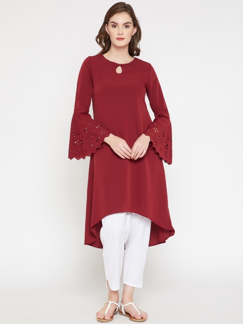 

RARE ROOTS Women Maroon Solid A-Line Kurta with Laser Cuts