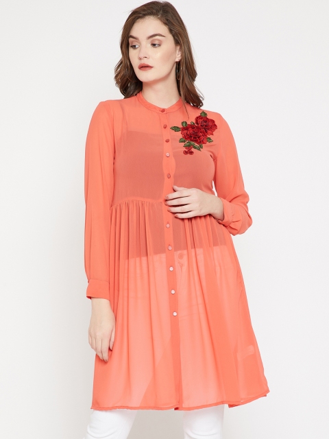 

RARE ROOTS Women Coral Orange Solid Sheer Empire Top