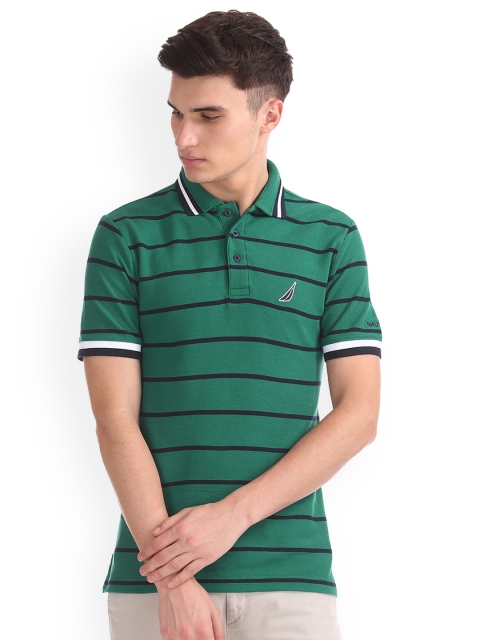 

Nautica Men Green Striped Polo Collar T-shirt