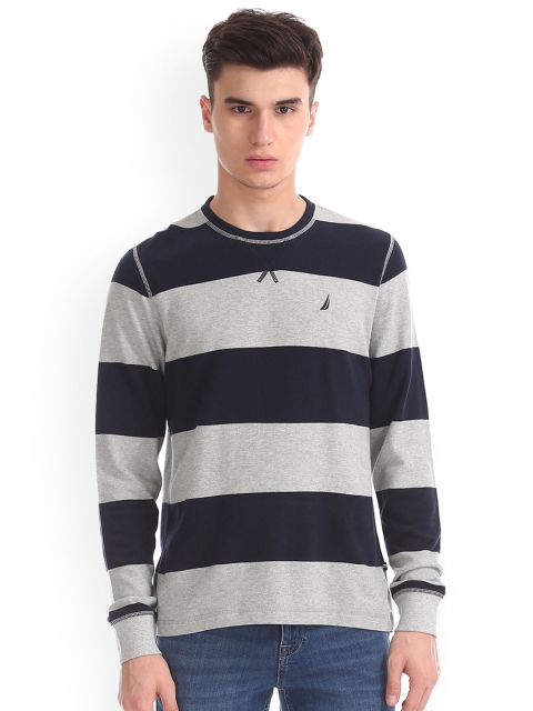 

Nautica Men Grey & Navy Striped Round Neck T-shirt