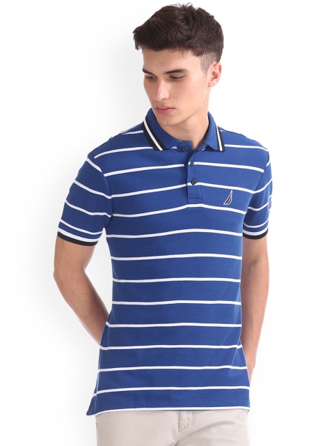 

Nautica Men Blue Striped Polo Collar T-shirt