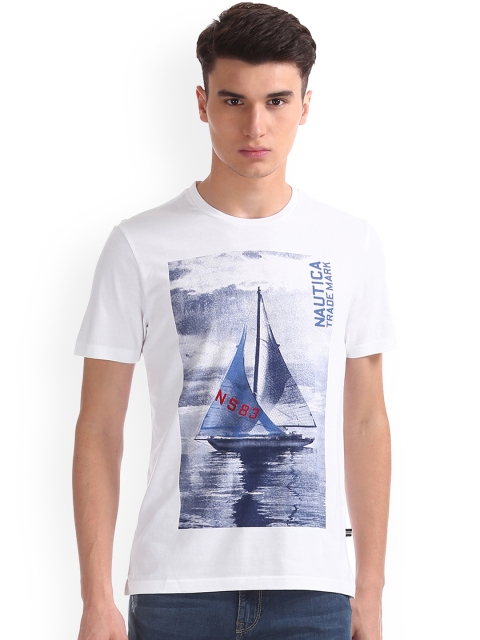

Nautica Men White & Blue Printed Round Neck T-shirt