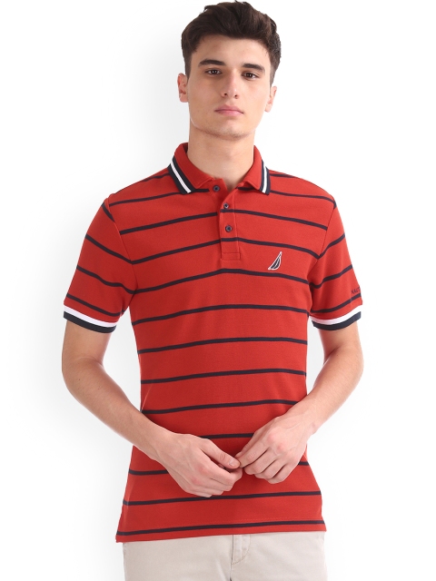 

Nautica Men Red & Navy Striped Polo Collar T-shirt