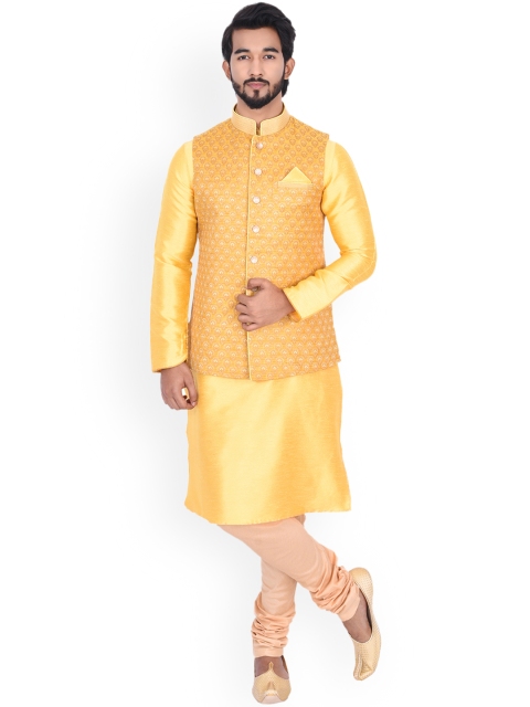 

Manyavar Men Yellow Self Design Kurta with Churidar & Nehru Jacket