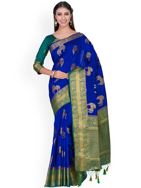 

MIMOSA Blue & Green Woven Design Kanjeevaram Saree