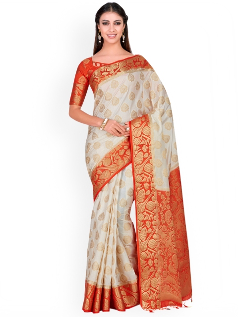 

MIMOSA Off-White & Orange Woven Design Kanjeevaram Saree