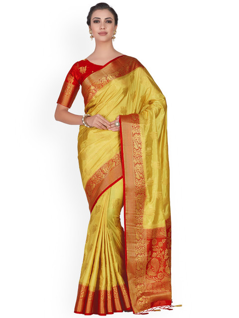 

MIMOSA Mustard Yellow & Red Art Silk Woven Design Kanjeevaram Saree