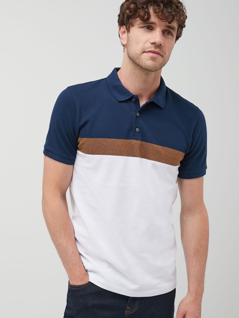 

next Men Navy Blue Colourblocked Polo Collar T-shirt