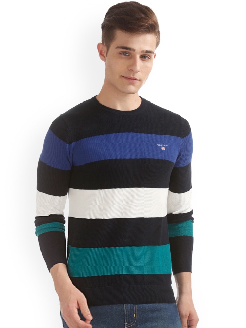

GANT Men Navy Blue & Off-White Striped Pullover