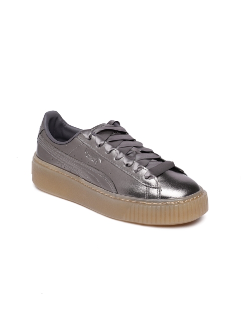

Puma Women Gunmetal-Toned Basket Platform Luxe Leather Sneakers, Metallic