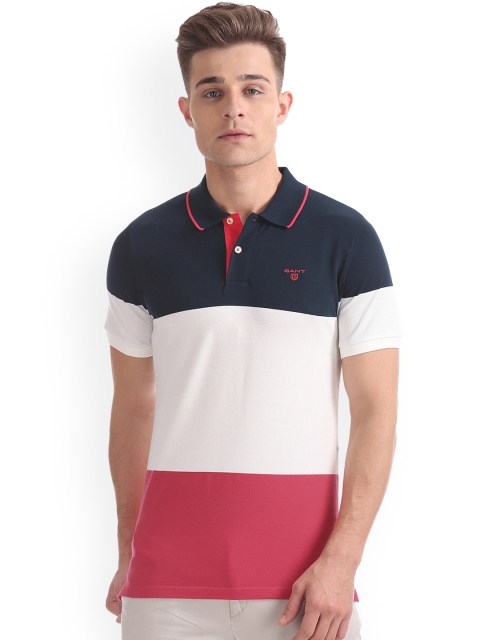 

GANT Men Navy Blue & White Colourblocked Polo Collar T-shirt