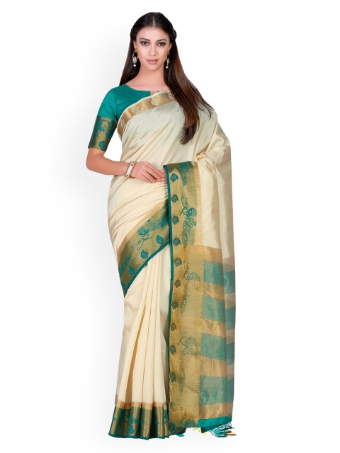 

MIMOSA Off-White & Teal Green Art Silk Solid Kanjeevaram Saree