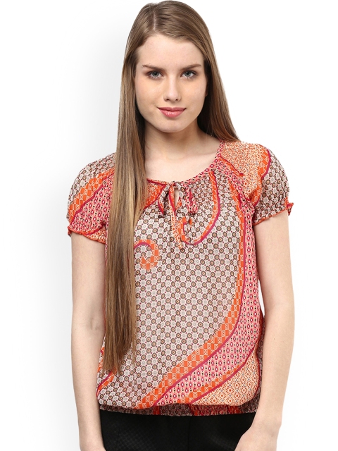 

109F Women Orange Printed Blouson Top