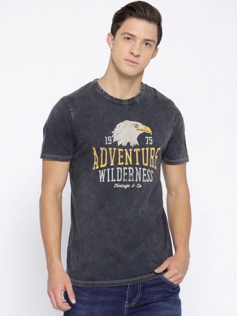 

Jack & Jones Men Charcoal Grey Printed Round Neck T-shirt