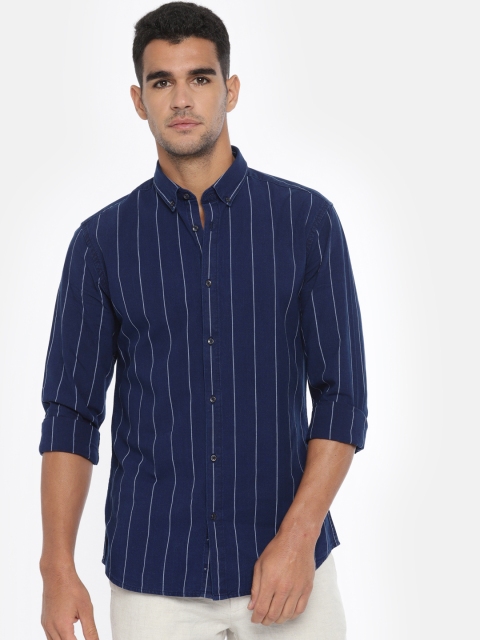 

Jack & Jones Men Navy Slim Fit Striped Casual Shirt, Navy blue