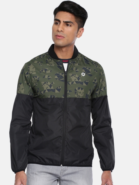

Jack & Jones Men Black & Olive Green Printed Lightweight Sporty Jacket