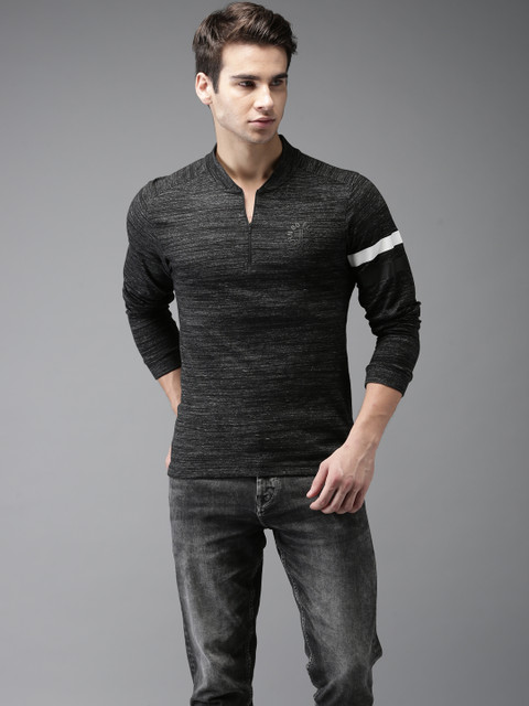 

Flying Machine Men Charcoal Grey Solid Mandarin Collar T-shirt
