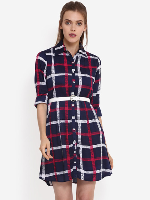 

PURYS Women Navy Blue Checked Shirt Dress