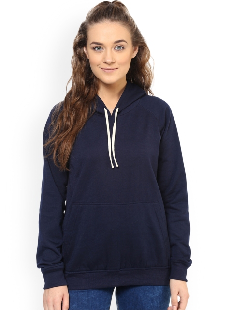 

PURYS Women Navy Blue Solid Hooded Sweatshirt