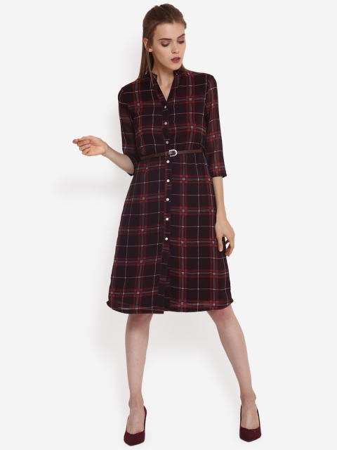 

PURYS Women Brown Checked Shirt Dress