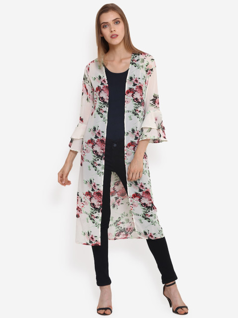 

PURYS Off-White & Multicoloured Printed Open Front Shrug
